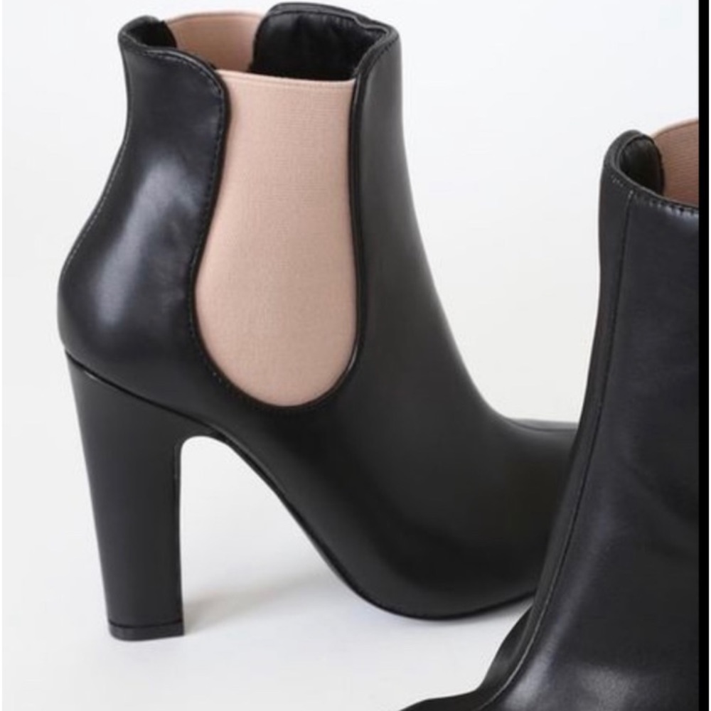 Lulu's Black Leather-Look Pointed Toe Ankle Boots with Pale Pink Elastic - Picture 2 of 4
